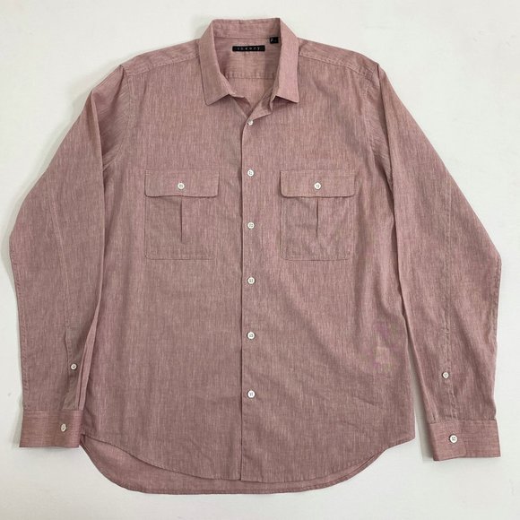 Theory Mens Large Heather Red Button Down Shirt Long Sleeve 2 Front Pockets - Picture 1 of 12
